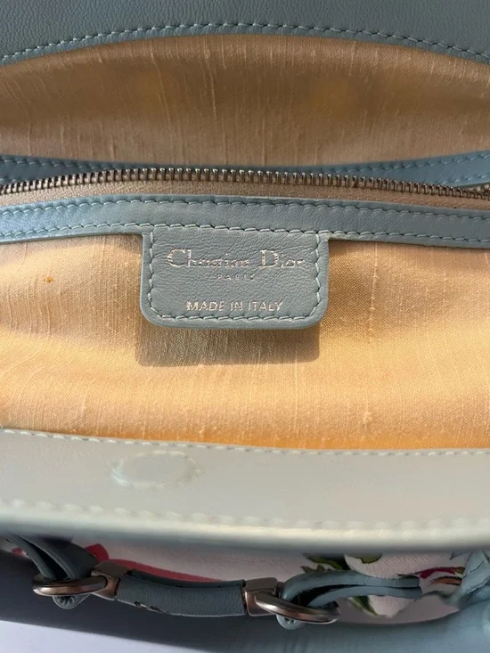 Authentic Christian Dior Floral Canvas Boston Bag Blue Leather Trim w/ Dust Bag - Picture 9 of 15